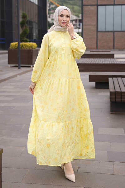İmajButik فستان مطاطي بأكمام نصف أزرار ونمط أصفر