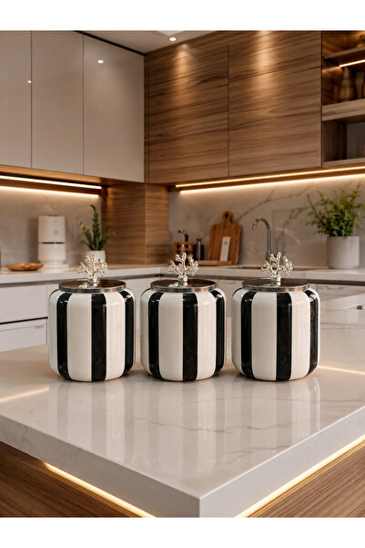 ferayhome Baharatlık Seramik Set 3 lü Siyah Dik Çizgi Gümüş Kapak 1.4 Litre (...