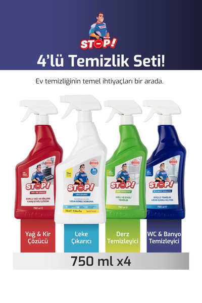 STOP Forte Zorlu Leke Seti 4 x 750 ML Leke, Derz,Yağ,Kir,Tuvalet,Banyo Temizl...