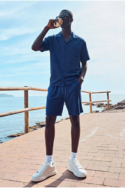 DAMGA JEANS Men's Trendy Polo Collar Shirt Basic Linen Shorts Navy Blue Two-P...