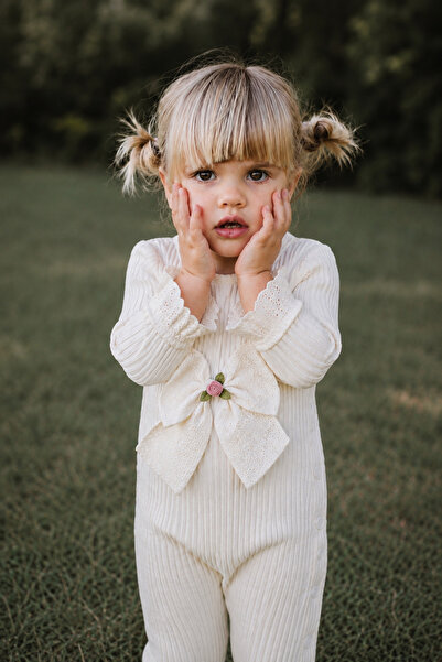 Elo Ecru Baby Girl Jumpsuit with Knitted Bow Detail