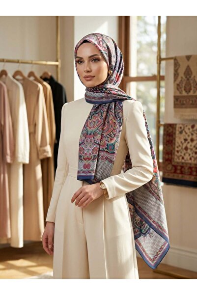 Vissona %100 İPEK ETRO DESENLİ LACİVERT - TURUNCU RENKLİ ŞAL