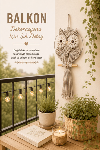 Yuvika El Yapımı Makrome Baykuş Duvar Süsü Dekoratif Bohem Ev Balkon Salon Od...