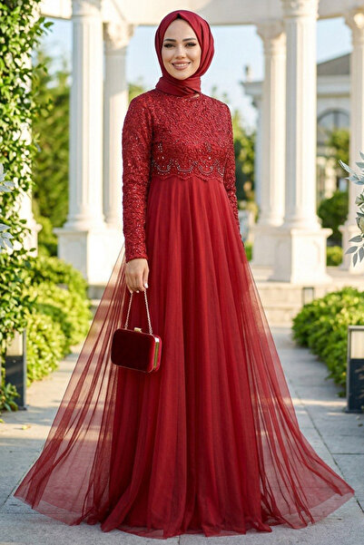 Neva Style Boncuk İşlemeli Bordo Tesettür Abiye Elbise 9160BR