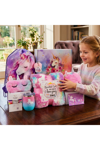 OEM Set Unicorn pentru fete, 9 piese, paturica fosforescenta, rucsac, gentuta...