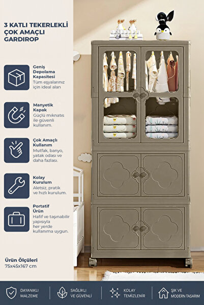 Kitchen Life 3 Katlı Dolap Tekerlekli Çok Amaçlı Gardırop - Portatif Tekerlek...