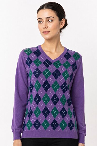 Desen Triko Women's V-Neck Diamond Pattern Wool Sweater Purple