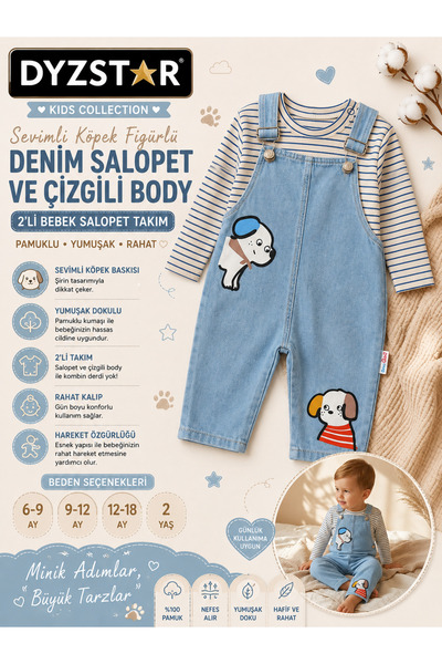 DYZSTAR Cute Dog Figured Open-Front M.I Denim Salopet and Striped Bodysuit 2-...