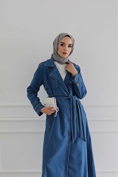 Neways 6458-Denim Allerli Trençkot Mavi