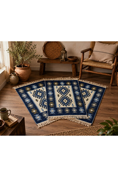 OEM Set 3 Covoare traditionale, dimensiunea 60x90cm, albastru si crem