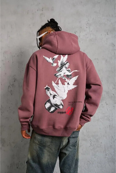 Generic Brand Men's Hatted Pigeon Printed Hooded Sweat - Dried Rose