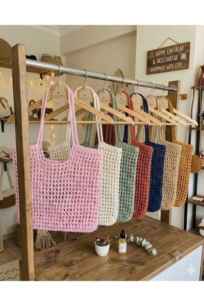 Eylül Deniz Handmade El Örgüsü Toz Pembe Simli ve Pullu File Çanta, Plaj Çant...