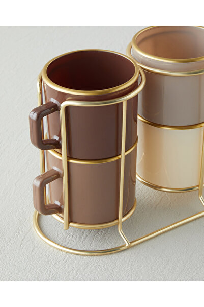 English Home Brownfall Cam Standlı ve 4’lü Kupa 180 ml Kahverengi-Gold