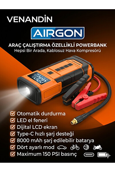 Venandin MENEKŞE AIRGON ARAÇ ÇALIŞTIRMA AKÜ TAKVİYE ÖZELLİKLİ POWERBANK