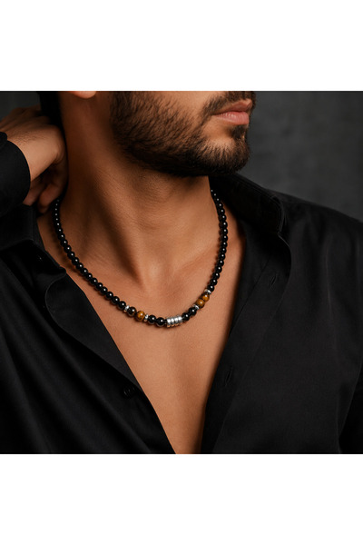 OEM Colier bărbaţi Moddy cu mărgele negre/maro – accesoriu masculin modern