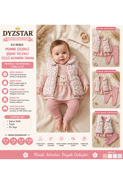 DYZSTAR Baby Girl Pink Floral Puffy Vest Three-Piece Combination Set - Cotton...
