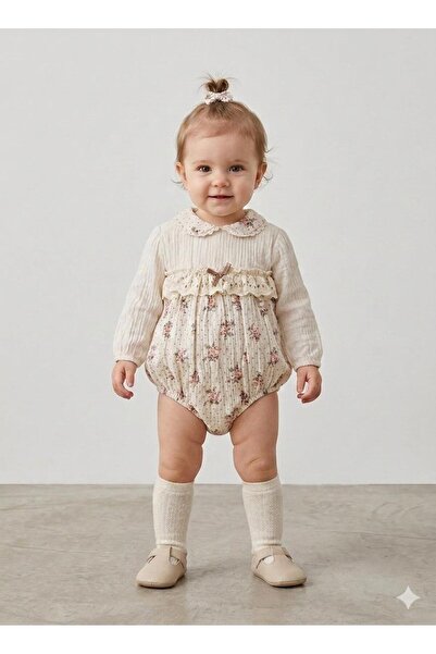 Saninbaby Çiçek Baskılı Müslin Romper Tulum Kız Bebek