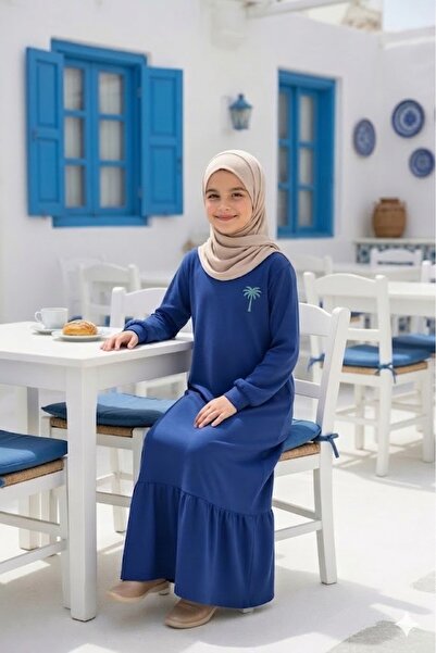 Angel&Co. Girls Clothing Kız Çocuk Mavi Uzun Kollu Maksi Tesettür Penye Elbise