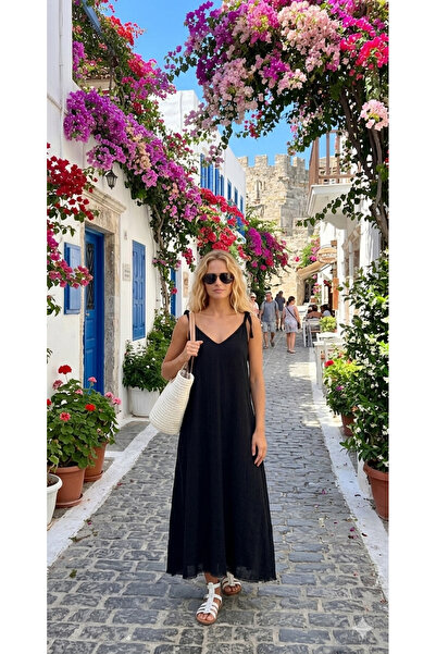 Hale Shop Keten Siyah Askılı Elbise
