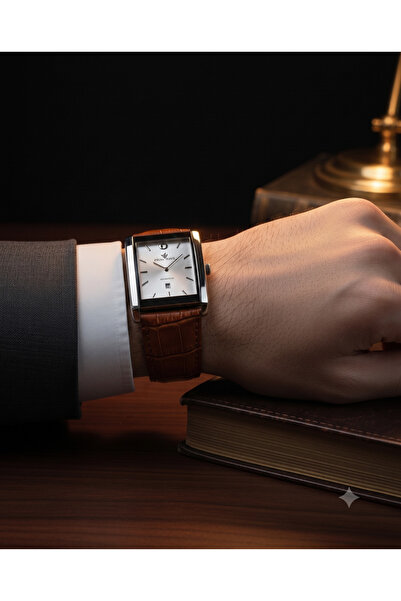 Goldwatches Klasik Kare Kasa Erkek Saat - Kahverengi Deri Kordon Takvimli Tan...