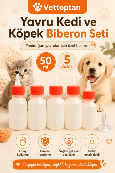 vettoptan Yavru Kedi Köpek Biberon 5 Adet Yedek Emzikli 50 ML Kedi Biberonu Y...