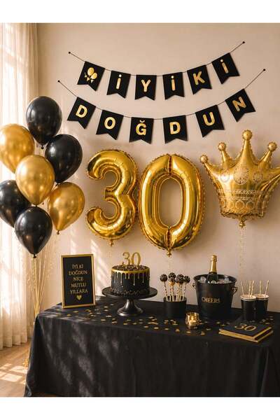Parti Adresi 30 Yaş Balon Seti Doğum Günü Parti Seti Siyah Altın