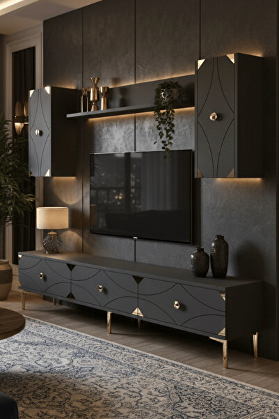 cnyr TVR1897AG - ALFA TVR180 TV ÜNİTESİ TAKIM , TV SEHPASI ANTRASİT - GOLD 180CM