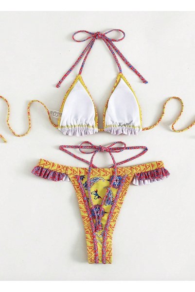 Vie Swimwear طقم بيكيني بيكيني مكشكش باللون الأصفر