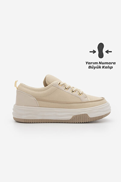 Marjin Women's High Sole Sneakers Linen Fabric Lace-Up Sports Shoes Hesna Beige