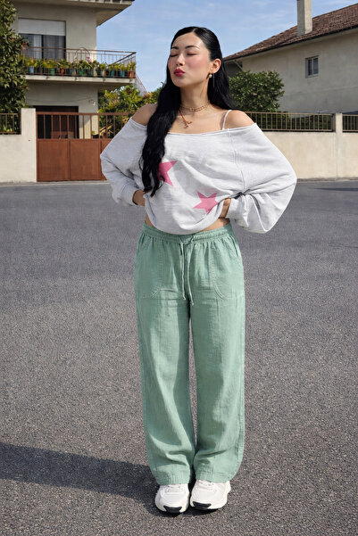 DAMGA JEANS بنطلون نسائي من الكتان الأخضر الفاتح بخصر مطاطي وأرجل واسعة