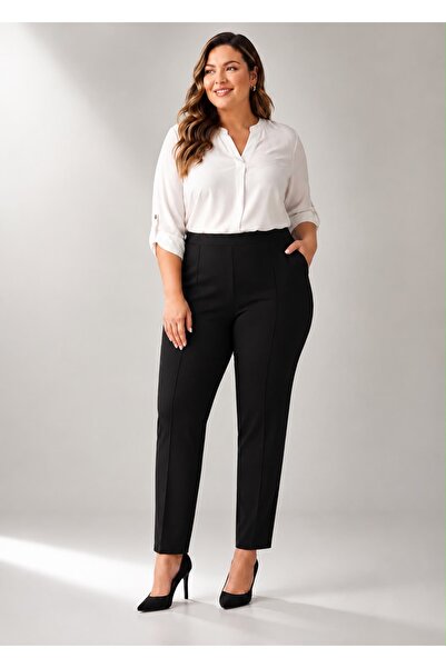 OYERGA MODA Women's Plus Size Black Elastic Waist Lycra Scuba Pants