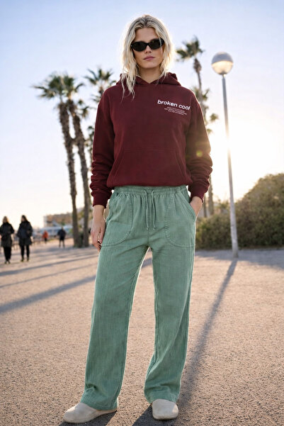 DAMGA JEANS Γυναικείο ψηλόμεσο ελαστικό παντελόνι από λινό σε σκούρο πράσινο ...