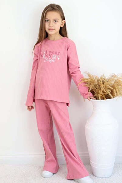 Breeze Girl's Pantsuit with Text Embroidery and Bow Detail, Ages 4-8, Dried R...