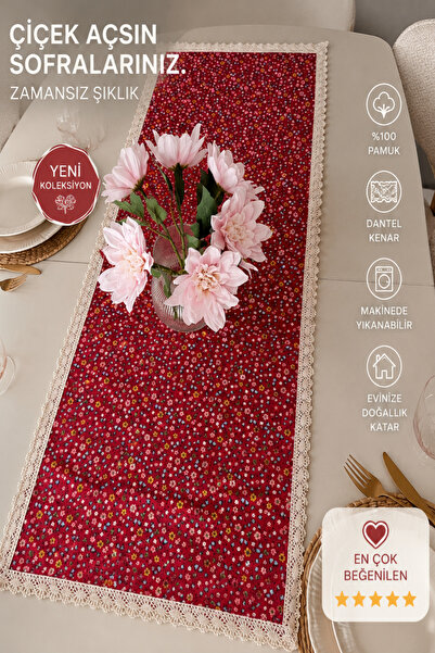 zarafet concept Modern Kırmızı Dekoratif Dantel Detaylı Vintage Runner 40x110cm