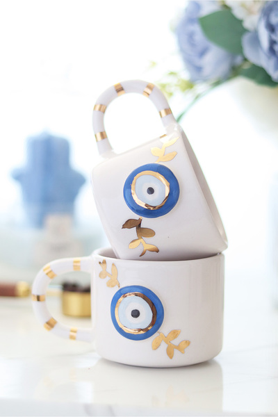ada mia seramik El Yapımı Nazar Figürlü 24K Altın Dekorlu Seramik Mug 200ml