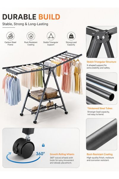 Generic 3-Tier Carbon Steel Foldable Clothes Drying Rack 180CM for Indoor Outdoor Laundry