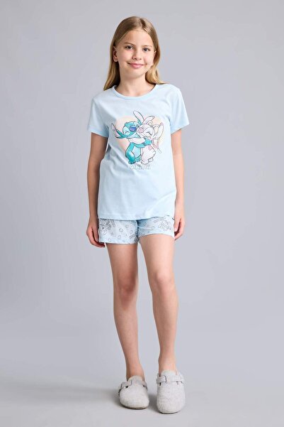 DeFacto Kız Çocuk Disney Lilo & Stitch Pijama Takımı Kısa Kollu Üst Şort E624...