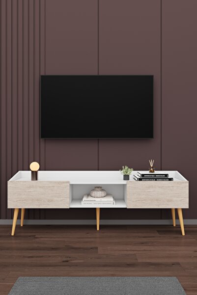 asratrend Modern TV Ünitesi %100 MDF Kapaklı Ahşap Ayaklı Televizyon Sehpası T28