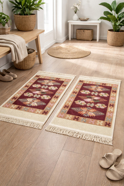 OEM Set 2 covoare tradiționale, dimensiune 60 x 90 cm, roșu și crem