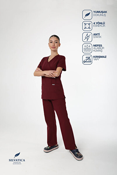 Silvatica Premium Workwear Kadın Medikal Pantolon Bordo Petite(KısaBoy) Hemşi...
