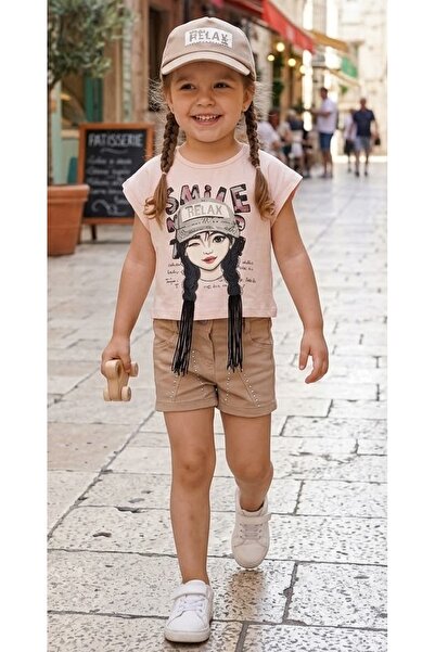 sealy style Girl's Printed Hair Detail T-Shirt, Stoned Linen Shorts and Hat, ...