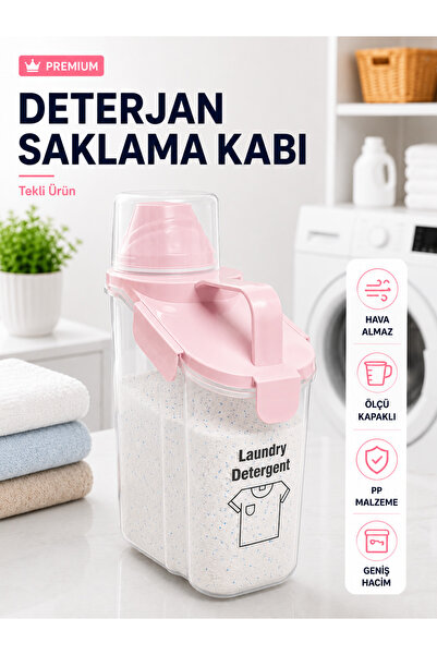 PraticBox 1900 ml Ölçekli Toz Deterjan Saklama Kabı Pembe Kapaklı Hava Almaz ...