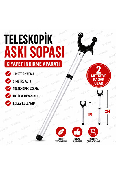 ZIKZAK Teleskopik Askı Sopası 2 Metre Kıyafet İndirme Aparatı Uzayan Askı Alm...