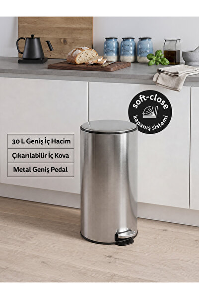 5FIVE Delta Modern Metal Pedallı, 30 L, Çöp Kutusu, Temizlenir İç Hazneli, Çelik