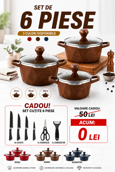 Hotchef HomeRoy – Set Oale 6 Piese Marble Stone + Cadou Set Cuțite 6 Piese
