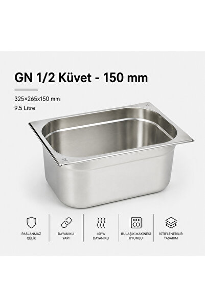 Natsan Paslanmaz Çelik Gastronom/gastronorm Küvet Gn 1/2-150 (32,5 X 26,5 X 1...