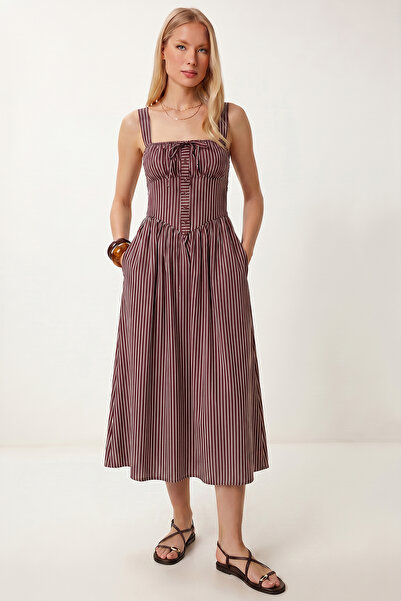 Lovelyİstanbul Striped Corset Look Poplin Midi Dress Lub0374 Bordo
