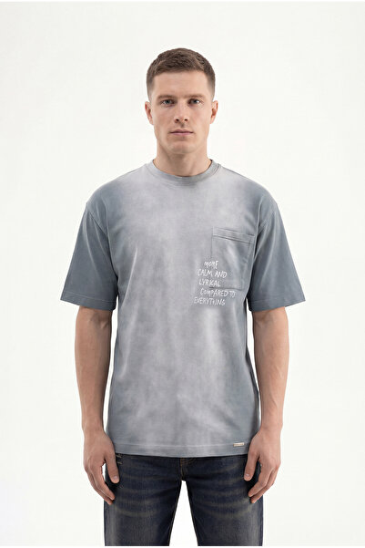 Machinist Tricou oversize cu buzunar imprimat pentru bărbați, gri