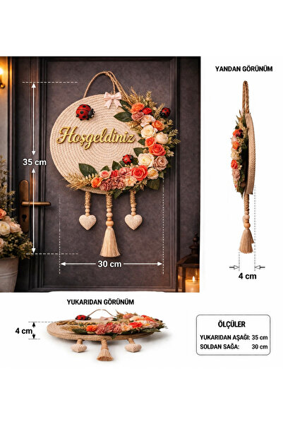 Hopeland Hoşgeldiniz Yazılı Çiçekli Kapı Süsü – El Yapımı Rustik Kapı Çelengi...