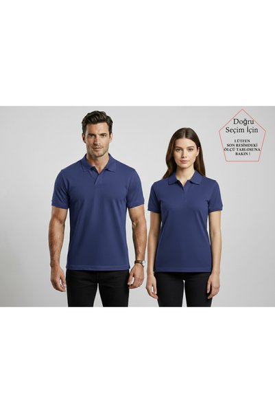 SmallTouch Unisex Oversize Kalıp Düğmesiz İndigo Polo Yaka Tişört